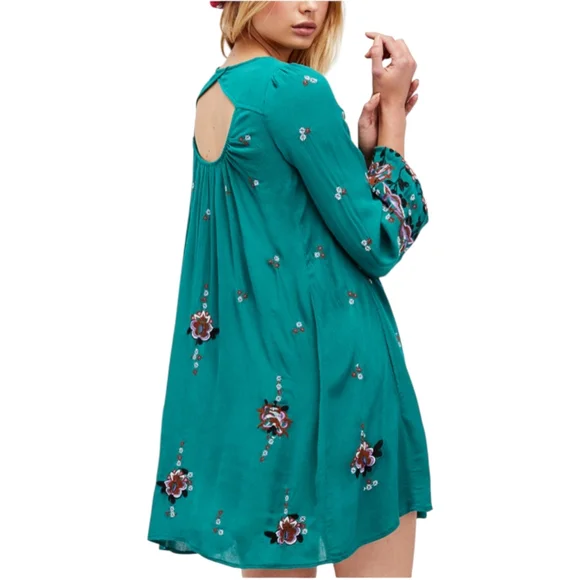 Free People Sweet Tennessee Swing Mini Dress Green Multicolor Embroidered Boho L - Picture 2 of 7